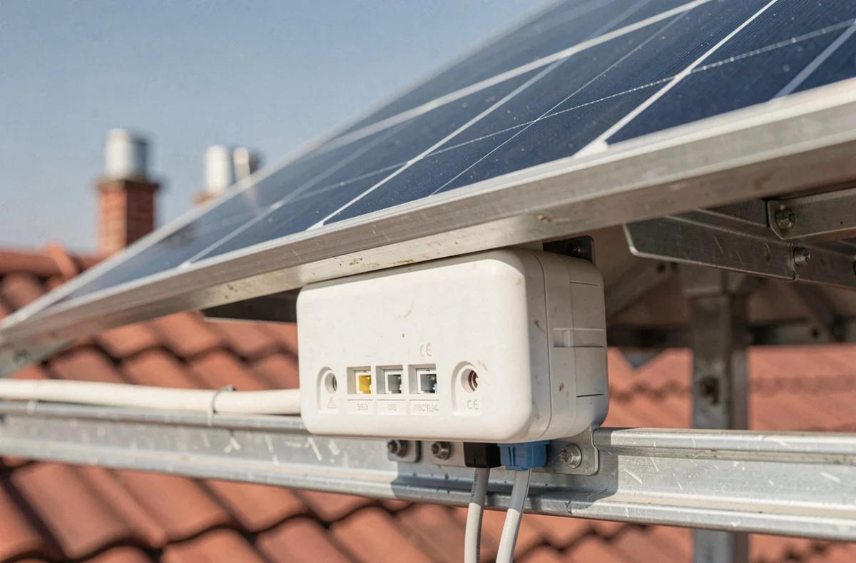 Gros plan d'un micro-onduleur connecté sous un panneau photovoltaïque sur toiture