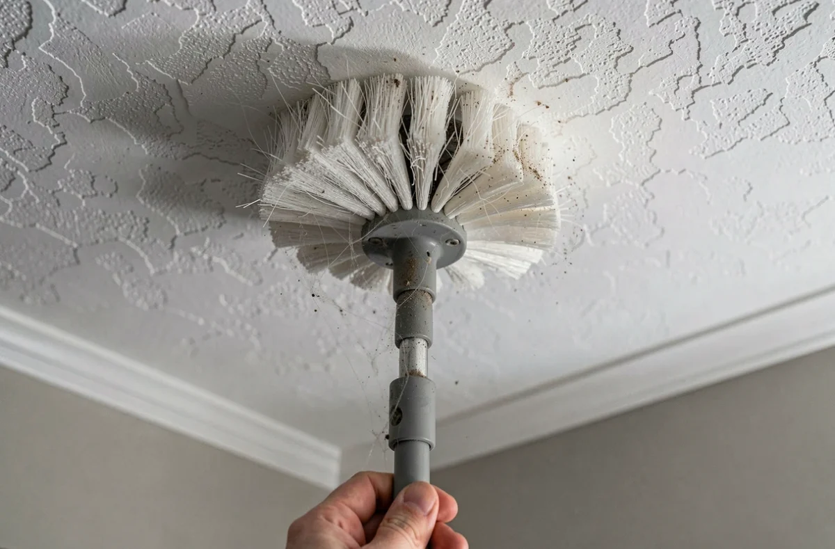 Gros plan sur la tête d'un balai plafond en microfibres ramassant la poussière au plafond
