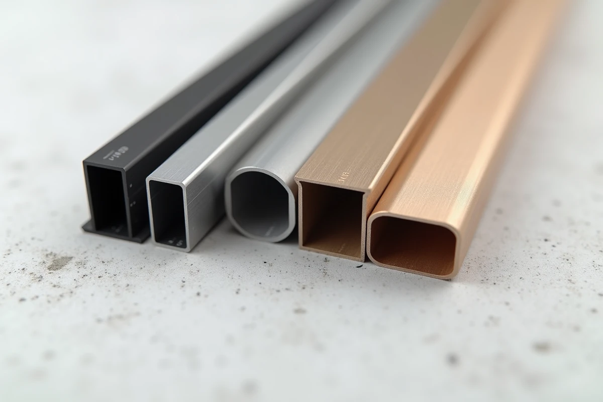 Gros plan sur des tubes aluminium extrudés avec différents traitements de surface et profils innovants disposés sur béton blanc