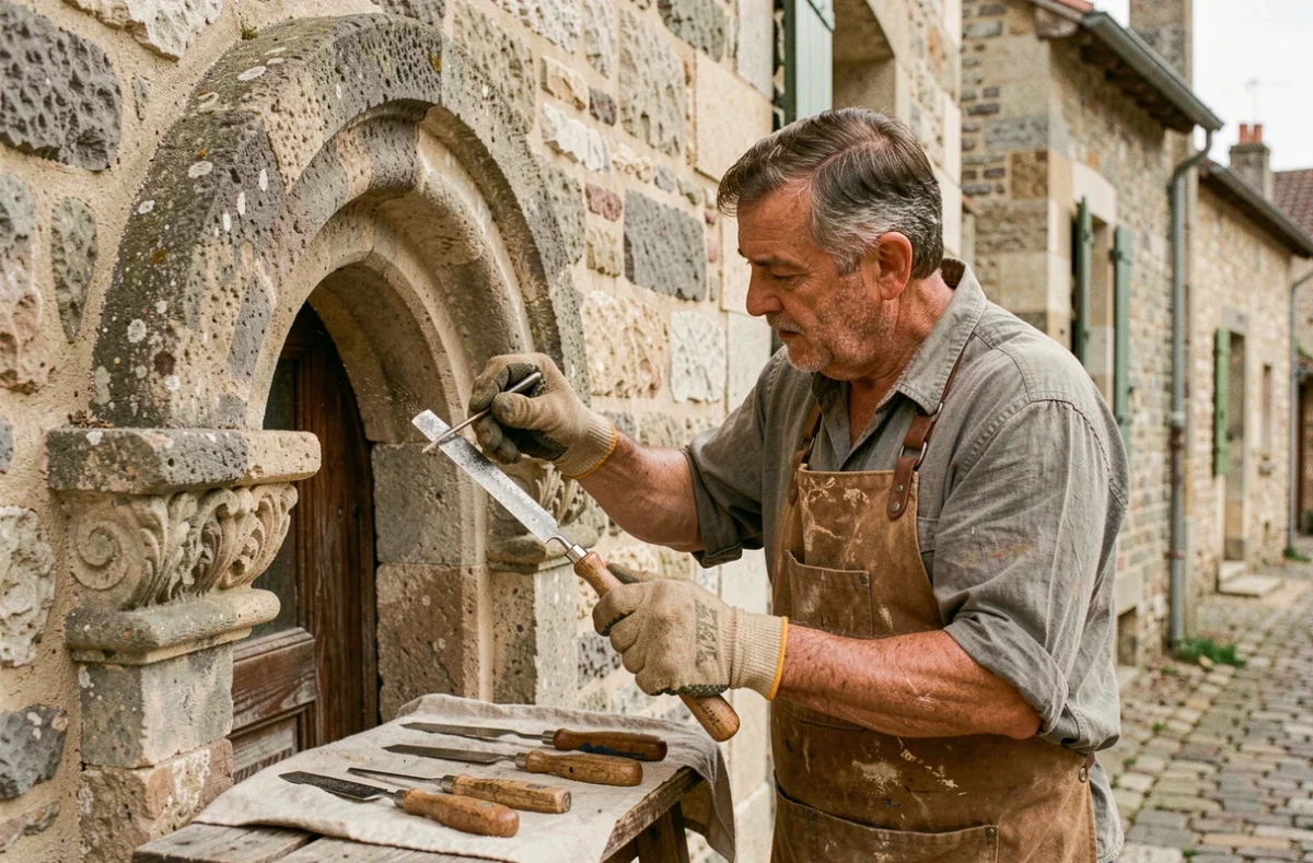 Artisan de Henro Manufactura SARL restaurant une arche en pierre ancienne avec des outils traditionnels