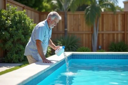 Homme versant du chlore dans une piscine ext&eacute;rieure propre