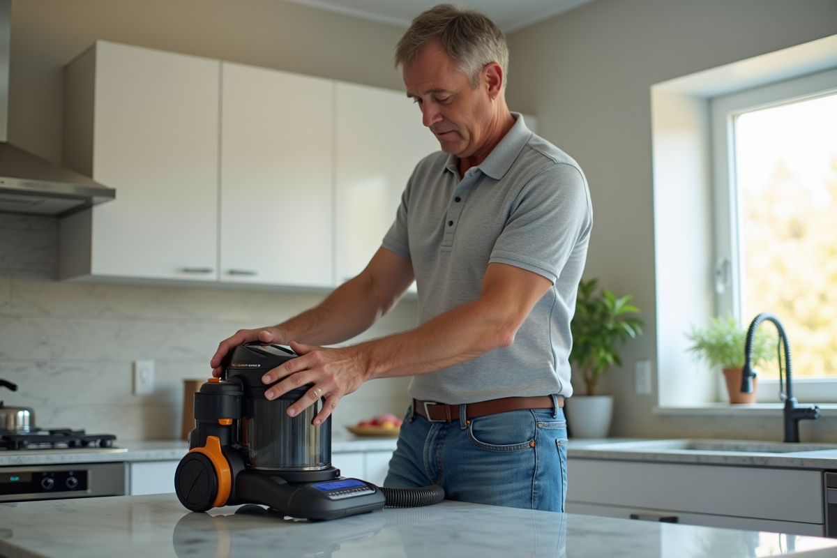 Homme vérifiant un aspirateur dans une cuisine lumineuse