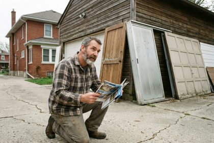 Homme en pantalon de travail &eacute;tudie brochures de portes de garage