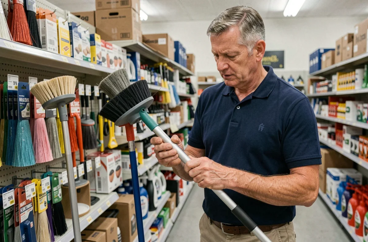 Homme comparant deux balais de plafond dans un rayon de quincaillerie