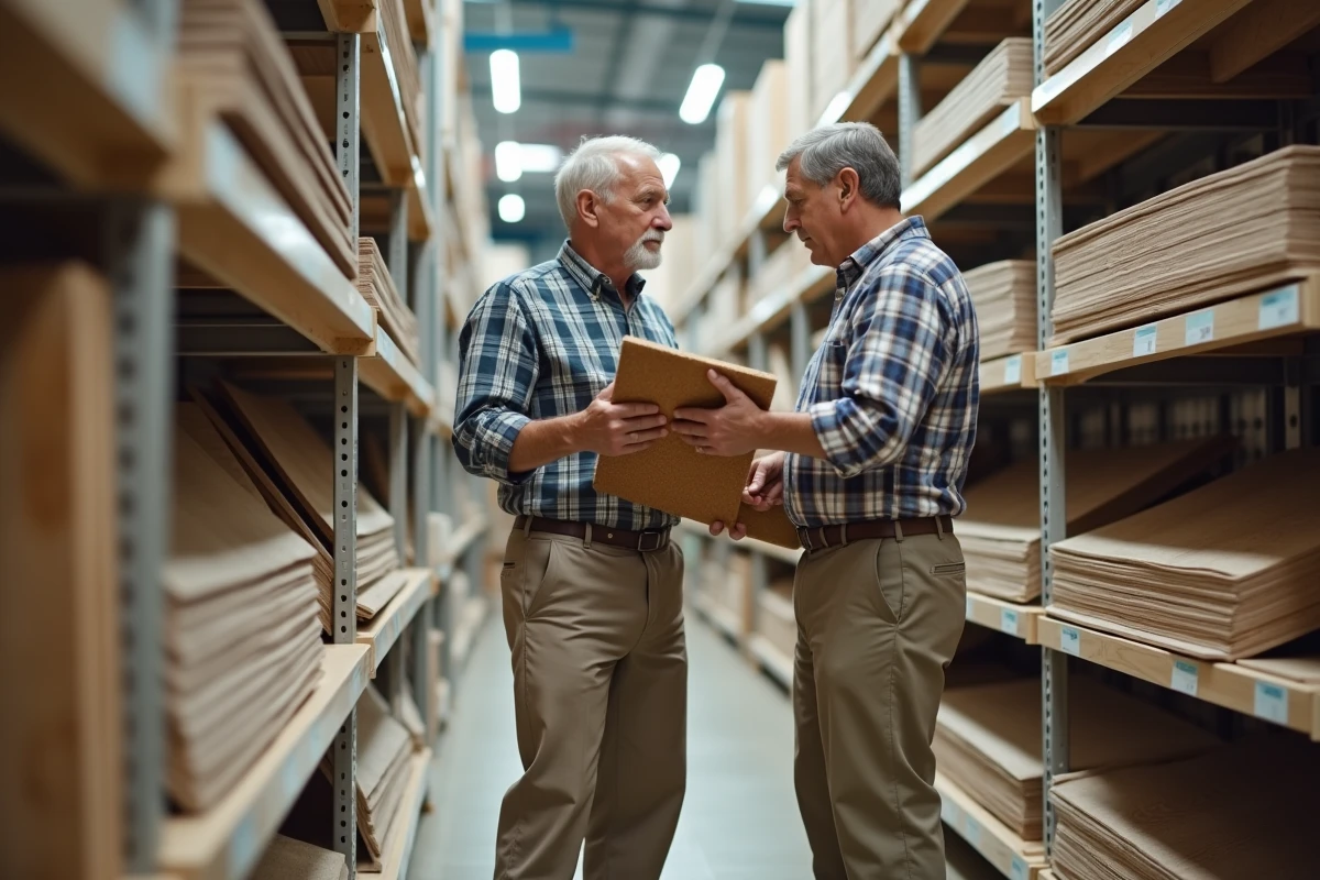 Homme âgé comparant deux tapis de sol en magasin de bricolage