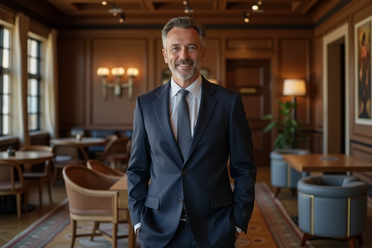 Homme en costume navy dans un showroom élégant