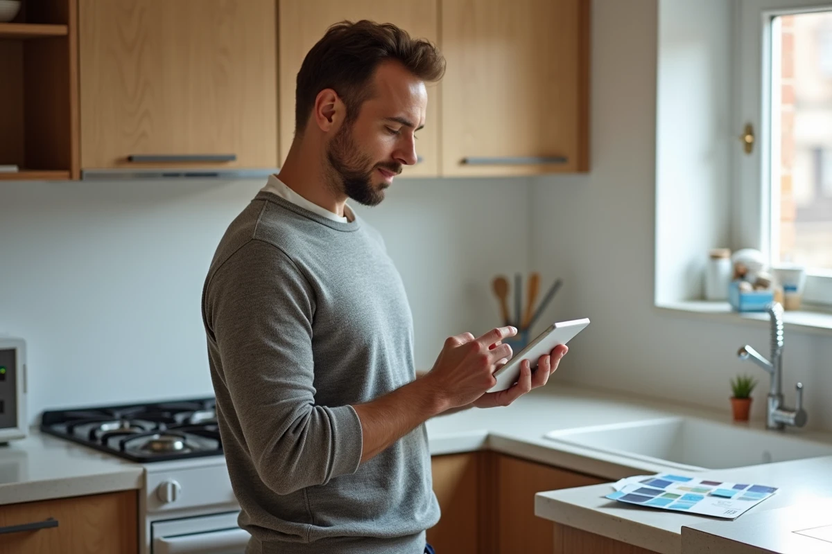 Homme utilisant une tablette dans une cuisine rénovée et moderne