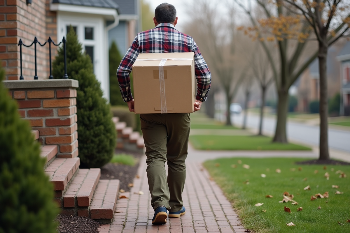 Homme portant un carton dans une cour résidentielle