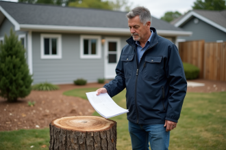 Homme d'âge moyen en veste de travail regardant des papiers près d'une souche d'arbre