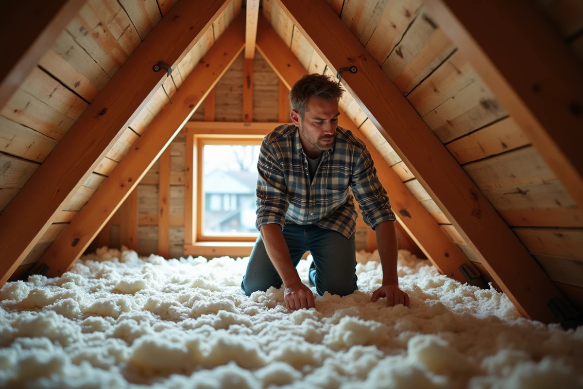 Homme en travaux isolant un grenier avec laine de roche