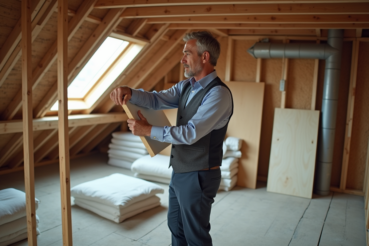 Homme inspecte des panneaux d isolation dans un grenier en travaux