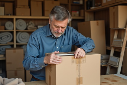 Homme mesurant un grand carton dans un atelier maison
