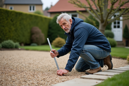 Homme mesurant la profondeur d'une dalle de gravier