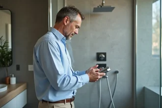Homme examinant un mitigeur de douche moderne dans une salle de bain