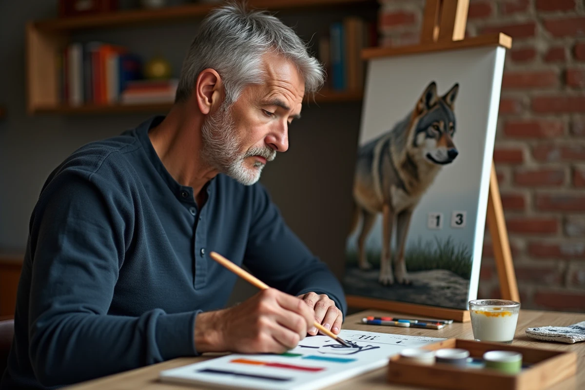 Homme adulte peignant une toile paint by numbers représentant un loup avec des zones numérotées partiellement colorées dans un salon cosy