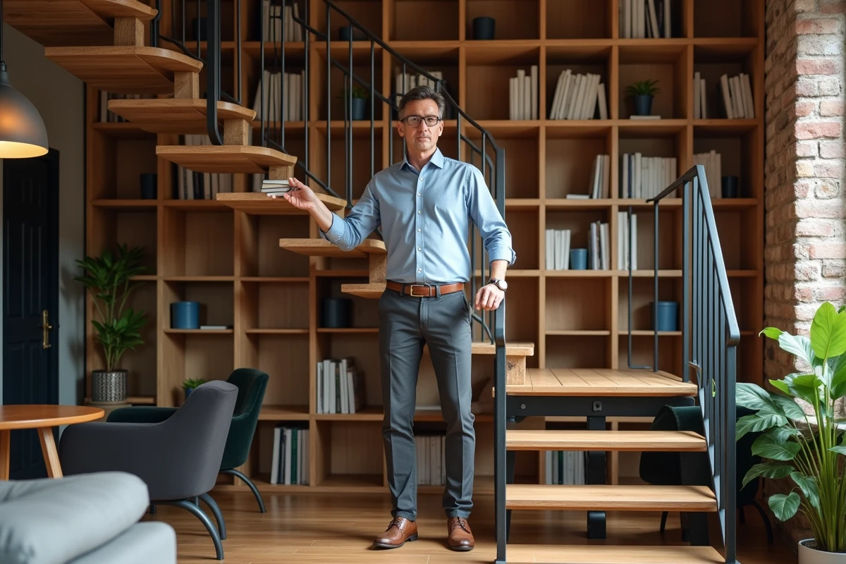Homme d&eacute;pose un livre dans une biblioth&egrave;que sous l
