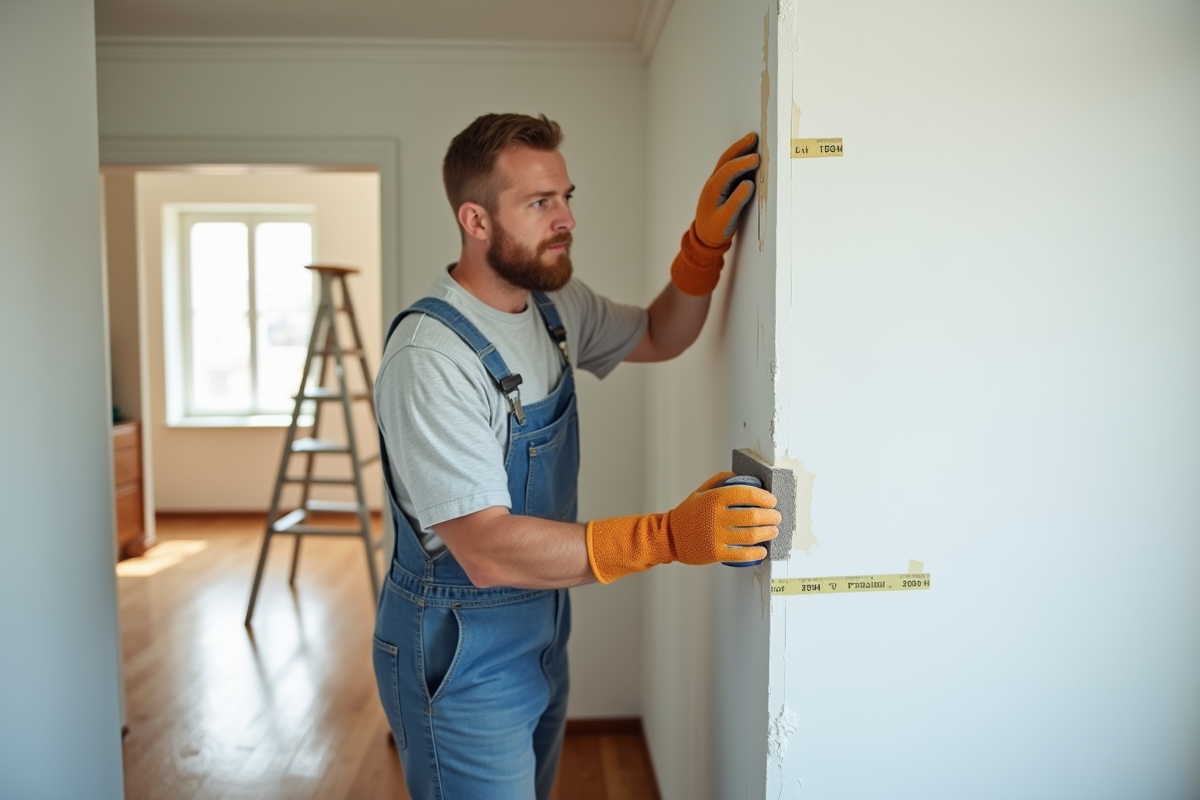 Homme en overalls ponçant un mur blanc dans un salon