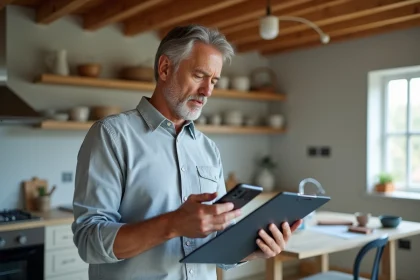 Homme d'&acirc;ge moyen en tenue casual dans une cuisine r&eacute;nov&eacute;e