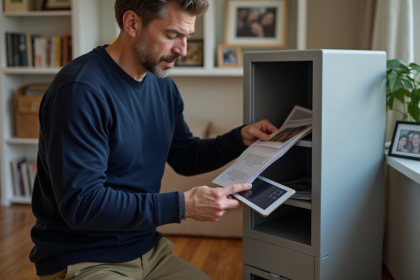 Homme d'âge moyen plaçant documents dans un coffre-fort