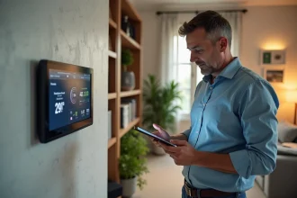 Homme d'âge moyen utilisant un thermostat connecté dans un salon moderne