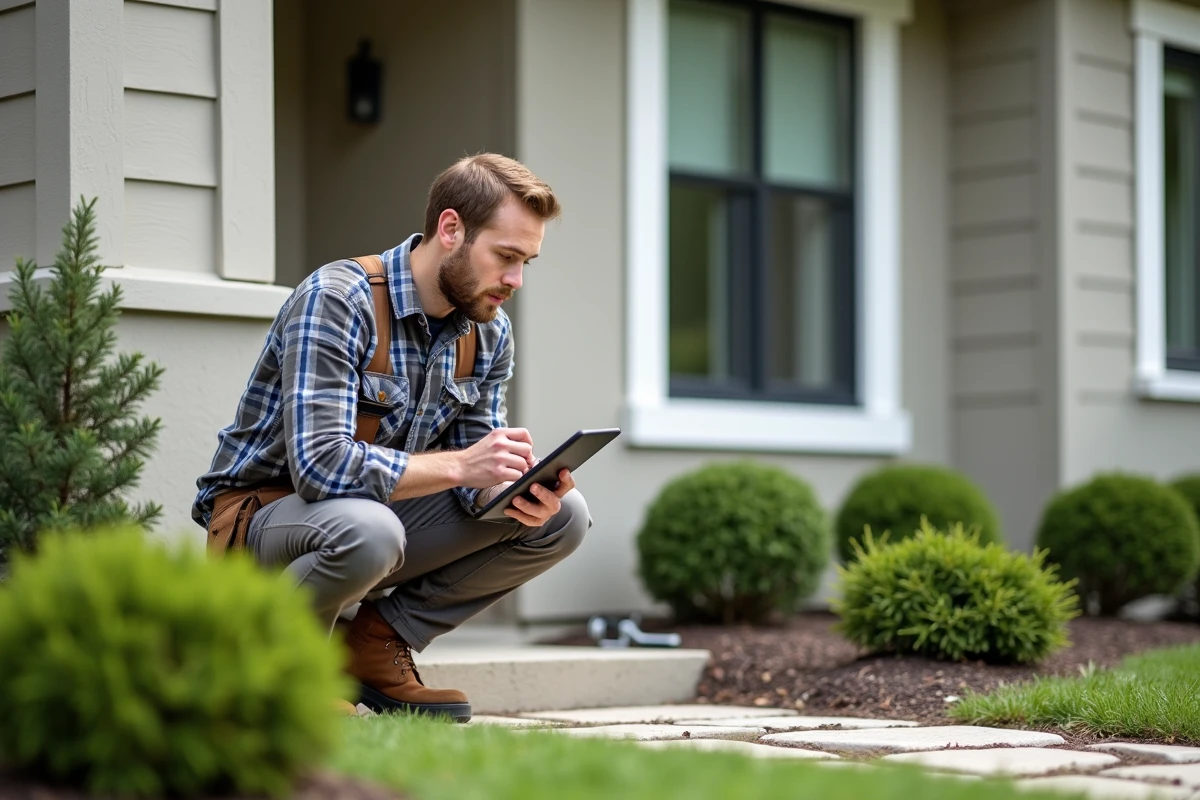 Jeune homme vérifiant liste de travaux devant maison