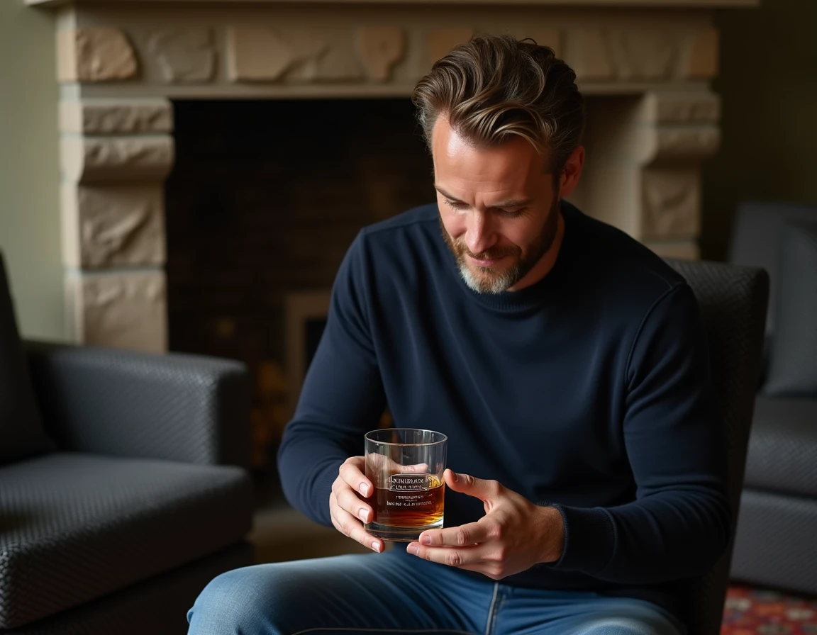 Homme tenant un verre à whiskey gravé personnalisé dans un salon cosy avec cheminée en pierre en arrière-plan