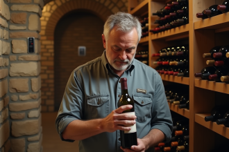 Homme d'âge moyen inspectant une bouteille de vin dans un caveau