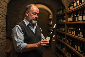 Homme inspectant une bouteille de vin dans un cellier ancien