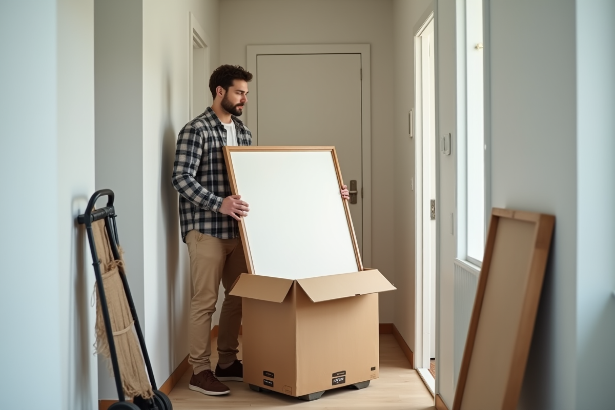 Jeune homme plaçant une peinture dans une caisse en carton