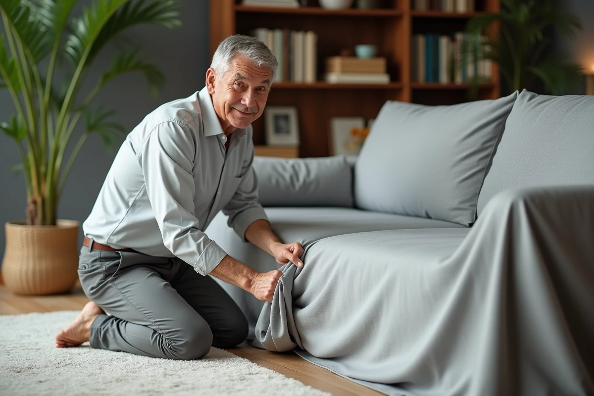Homme ajuste une housse de canapé dans le salon