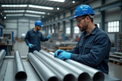 Ingénieur inspectant des tubes en aluminium de différents diamètres dans une usine industrielle moderne en 2026