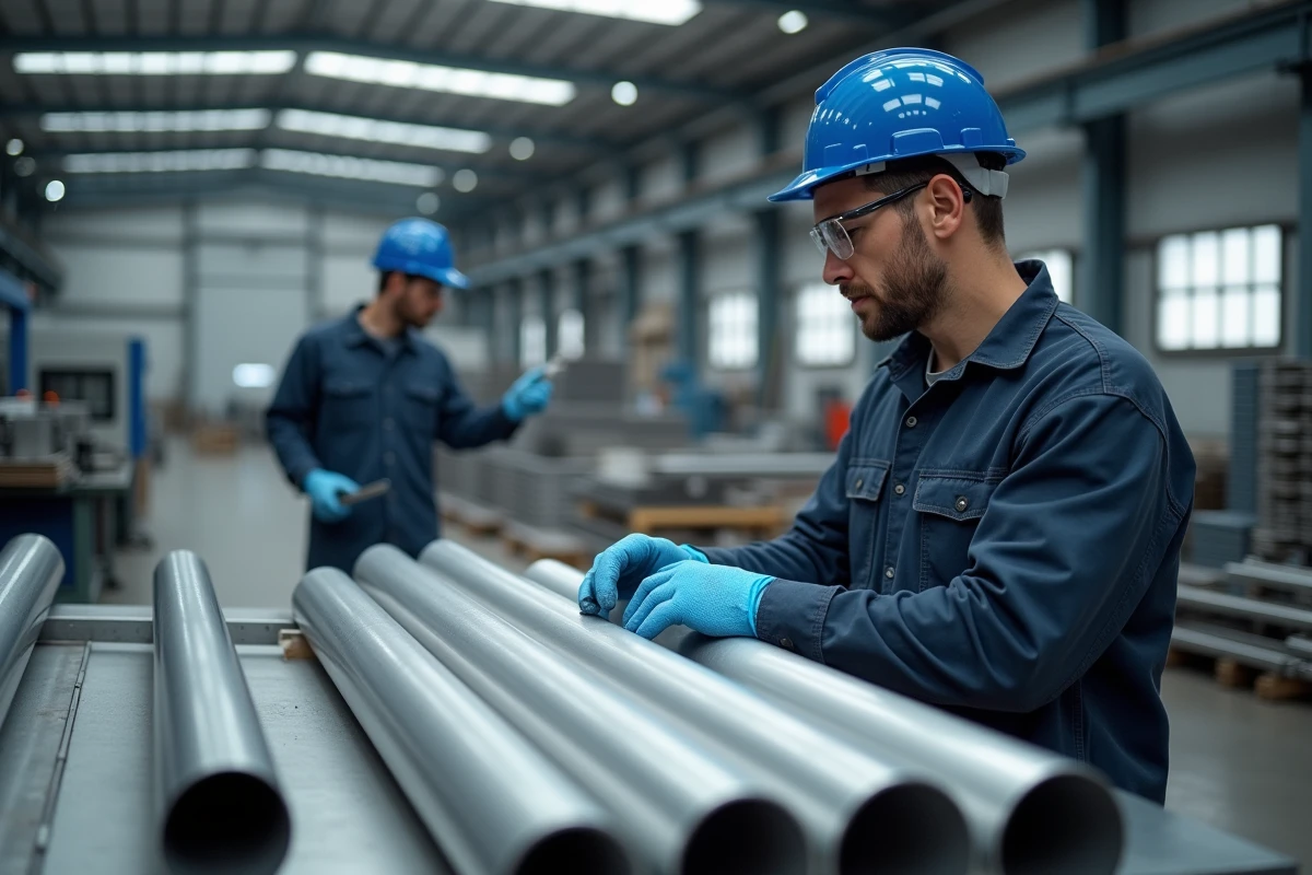 Ingénieur inspectant des tubes en aluminium de différents diamètres dans une usine industrielle moderne en 2026