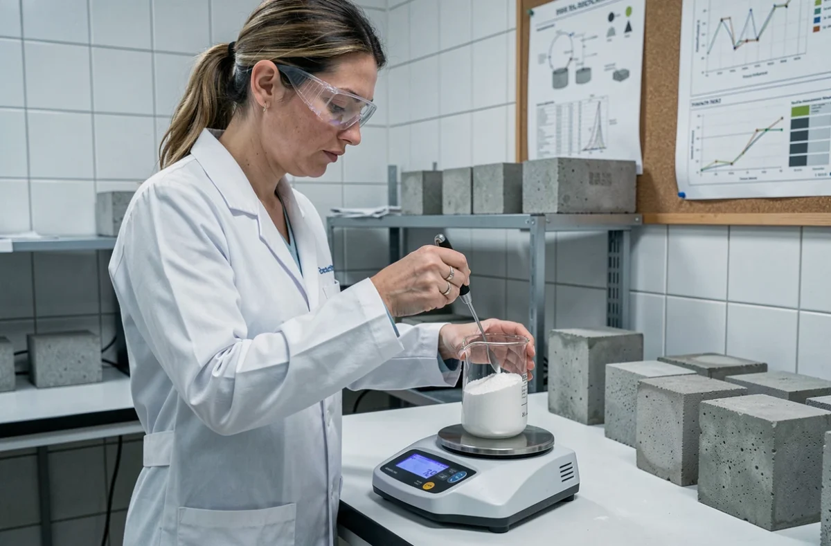 Ingénieure dosant un adjuvant en poudre pour béton dans un laboratoire de contrôle qualité