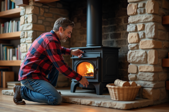 Homme d'âge moyen inspectant une cheminée en pierre dans un salon rustique
