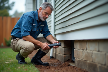 Inspecteur v&eacute;rifiant un mur humide &agrave; l'ext&eacute;rieur