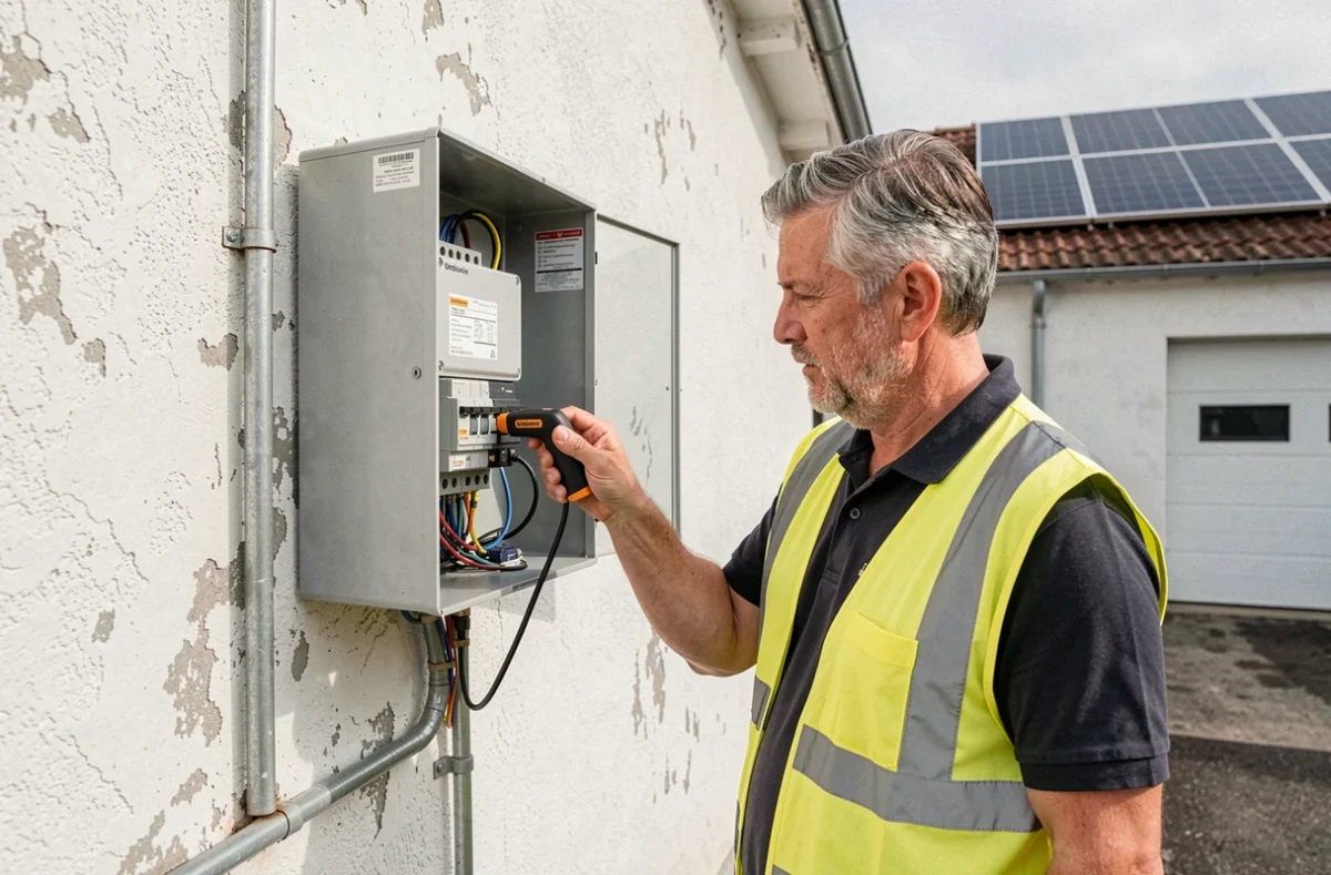 Électricien inspectant un onduleur solaire et les connexions électriques d'une installation photovoltaïque murale