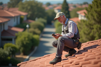 Homme inspectant un toit résidentiel avec un carnet