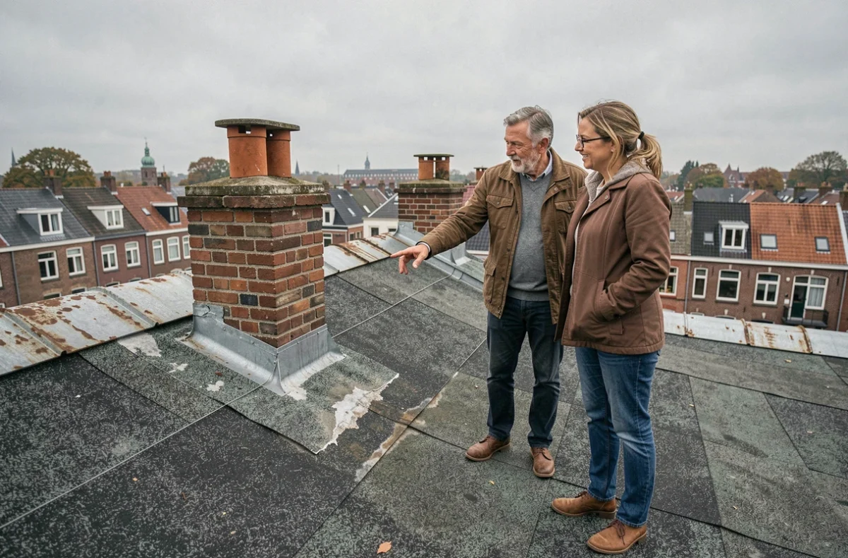 Propriétaires inspectant l'état d'une toiture plate lors d'une évaluation de travaux