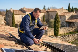 Installateur de panneaux solaires sur un toit en tuiles provençales dans le Var, vérifiant le montage d'une installation photovoltaïque