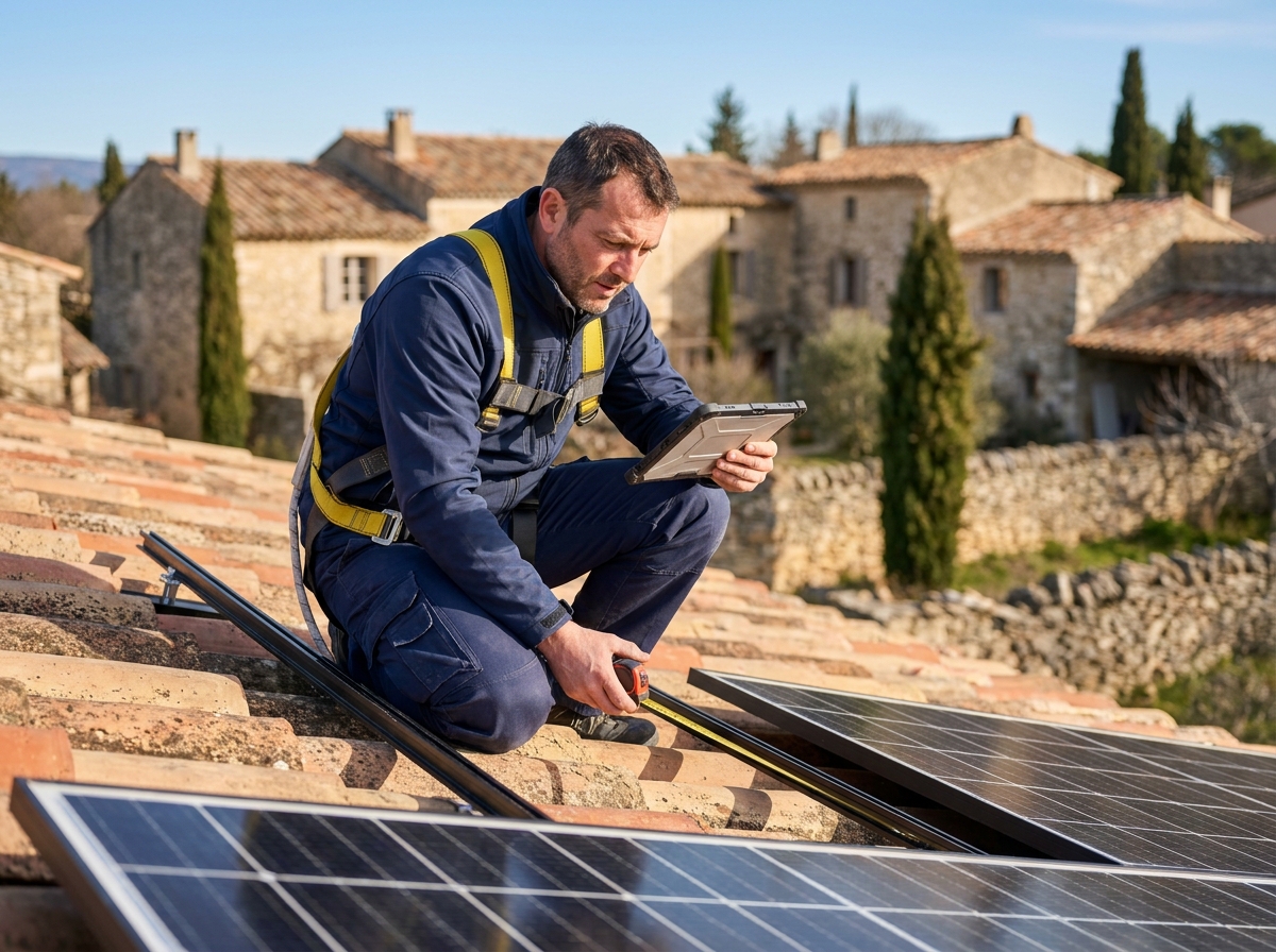 Installateur de panneaux solaires sur un toit en tuiles provençales dans le Var, vérifiant le montage d'une installation photovoltaïque