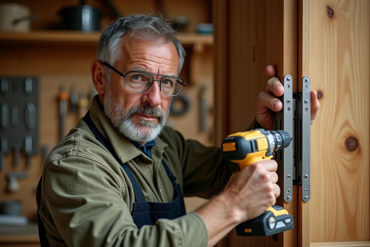 Artisan installant un gond en acier inoxydable sur une porte en chêne massif dans un atelier de menuiserie