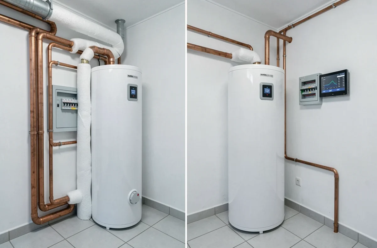 Installation intérieure d'une pompe à chaleur avec ballon d'eau chaude et tableau électrique dans une chaufferie domestique
