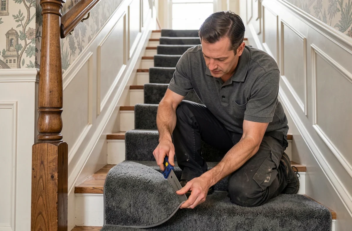 Poseur de moquette installant un revêtement gris anthracite sur les marches d'un escalier dans une maison ancienne