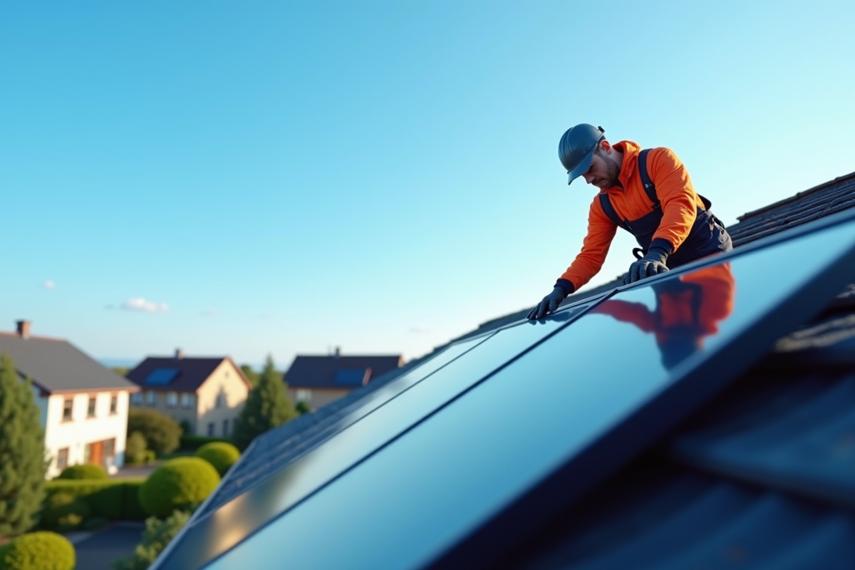 Technicien installant des panneaux solaires sur une maison moderne