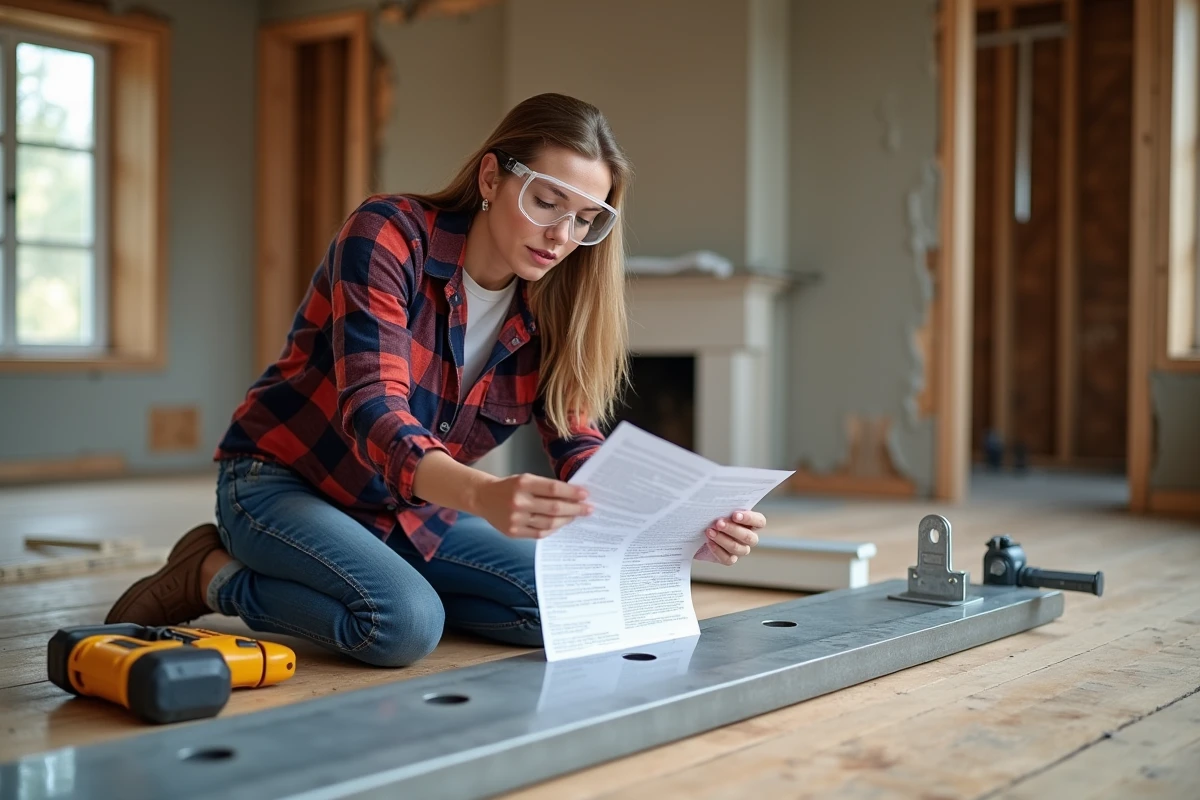 Femme bricolant elle-même l'installation d'une poutre métallique dans un salon en cours de rénovation
