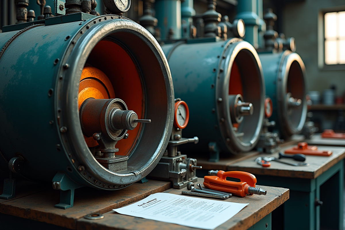 Vue rapprochee d une chaudiere ouverte avec outils de maintenance