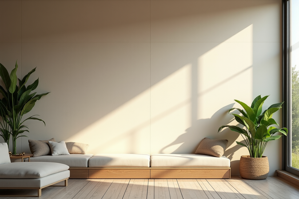 Salon moderne avec mur en chanvre et plâtre naturel