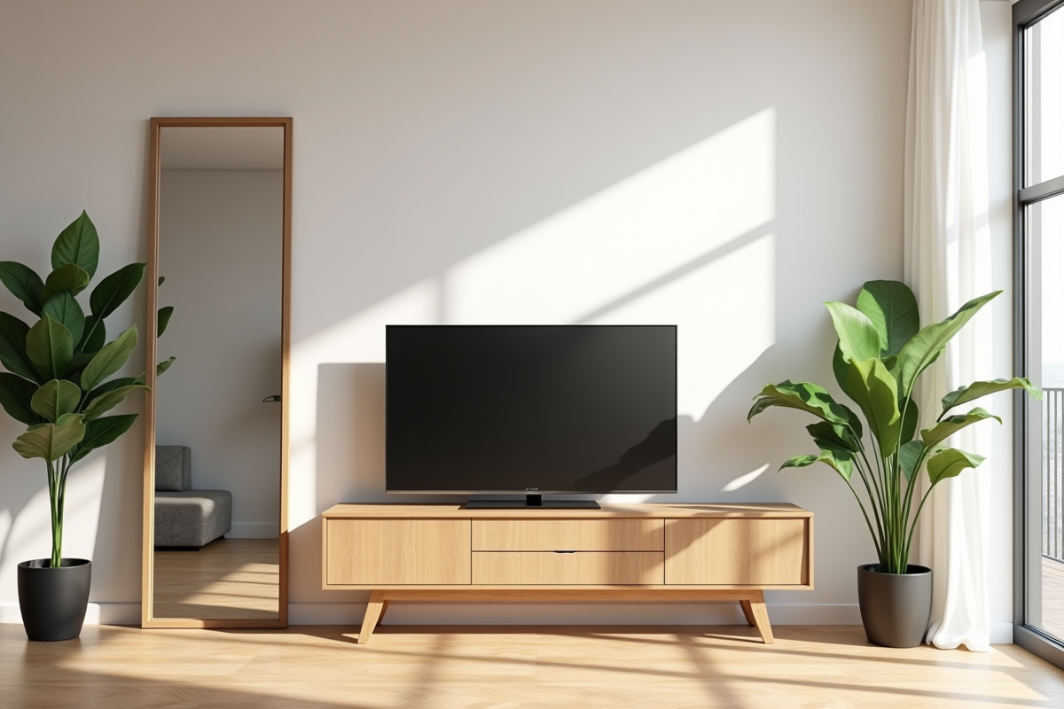Intérieur minimaliste avec miroir et plantes vertes