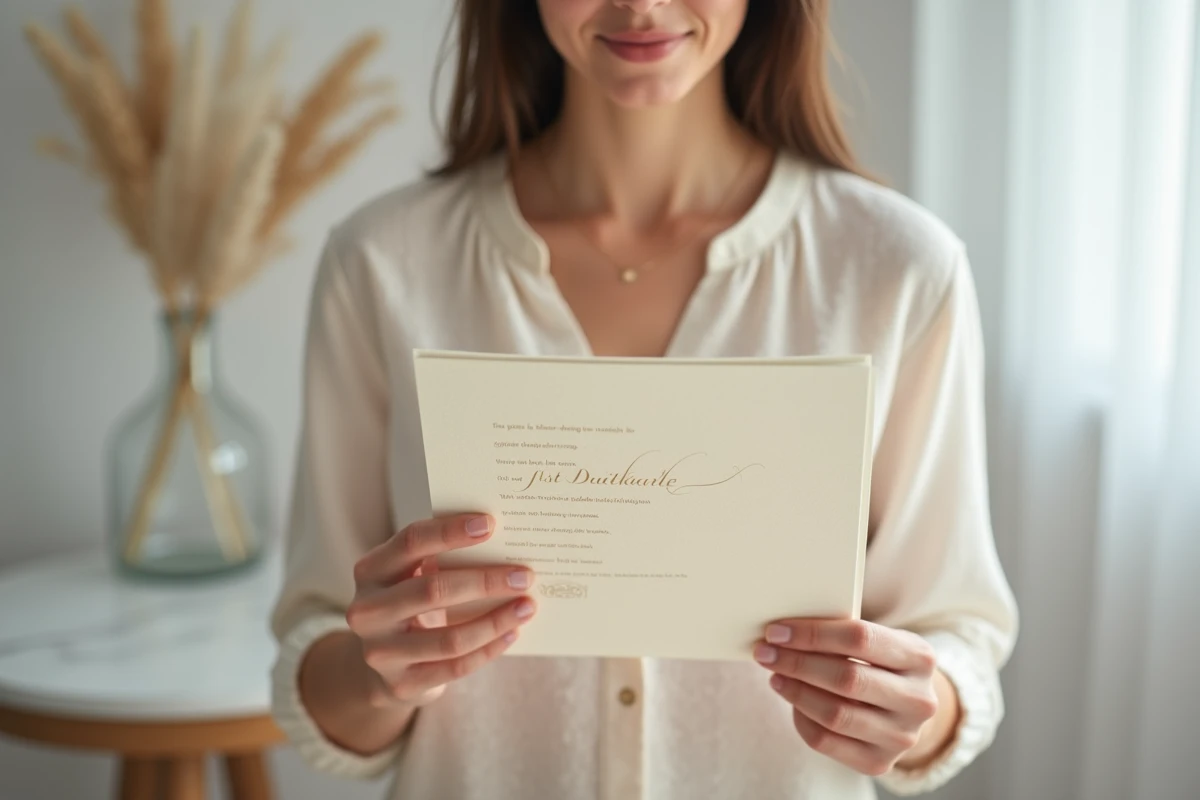Femme tenant une invitation de mariage en papier beige avec calligraphie élégante dans un intérieur scandinave épuré