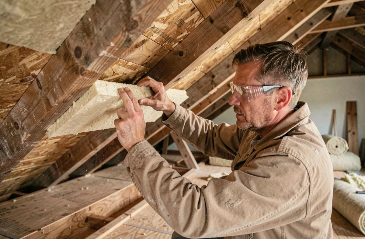 Artisan posant des panneaux isolants sous les combles d'une maison en rénovation